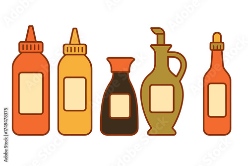 Assortment of common food sauces and cooking oils in stylized bottles on white background