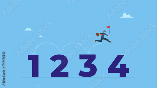 Smart businessman jumping on guideline number from 1 to 4. Step by step guide to success, business manual, instruction or guideline, process or improvement ladder, follow advice or lesson.