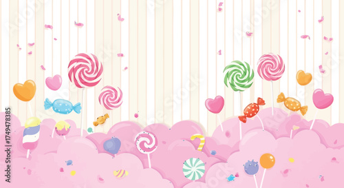Whimsical candy wonderland with vibrant lollipops and sweet treats creates a joyful, playful atmosphere