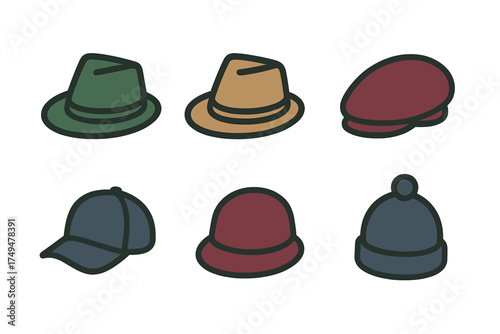 Set of six fashionable headwear icons including fedora hats, baseball caps, and winter beanies
