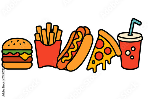 Popular fast food items set including burger, fries, hot dog, pizza, and soda drink