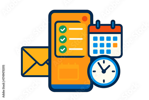 Mobile phone screen showing task list, calendar, clock, and envelope icons