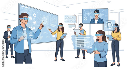 Group of people using virtual reality headsets in a modern office setting.