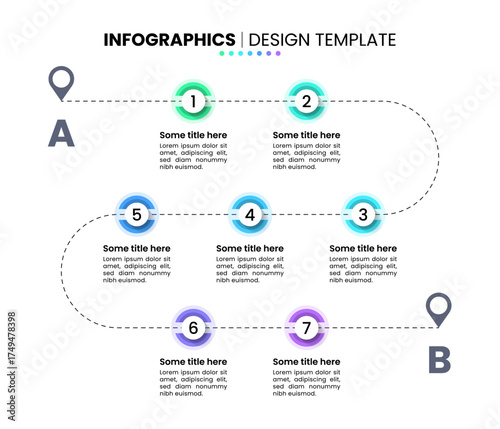 Infographic template. Line with 7 circles and path to the goal