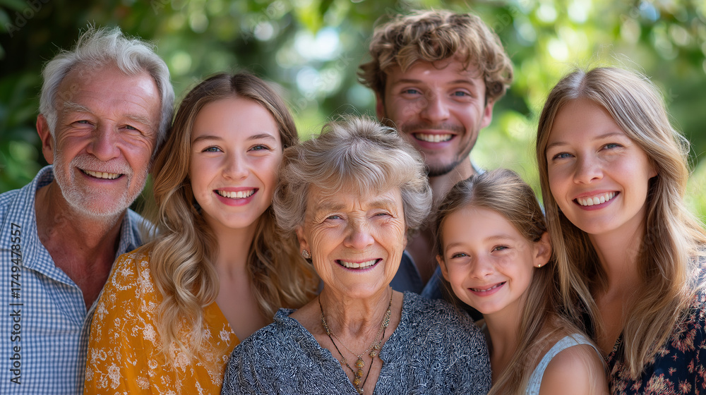 Obraz premium Multi-generational family portrait in garden, smiling grandparents and children, bright daylight, family unity, heritage and tradition, love and happiness, authentic group portrait