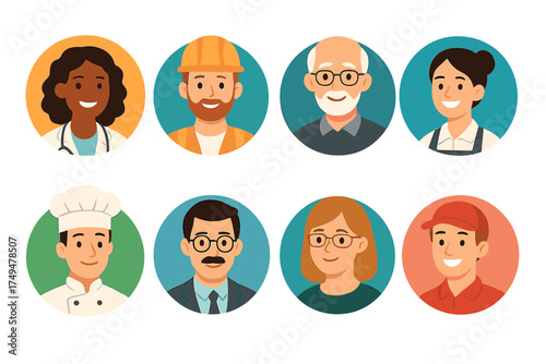 Diverse set of professional avatars including doctor, construction worker, chef, manager, and service staff
