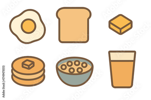 Six essential breakfast elements including fried egg toast pancakes and cereal bowl