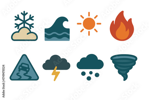 Set of eight icons depicting natural disasters and extreme weather conditions: snow, fire, storm, and flood