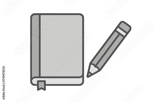 Simple gray closed book with a bookmark and a sharp pencil for writing and studying