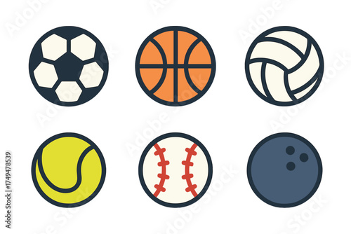 Colorful set of six popular sports balls symbols including soccer, basketball, and tennis