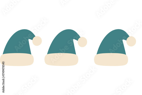 Three teal and cream colored Christmas elf hats arranged horizontally