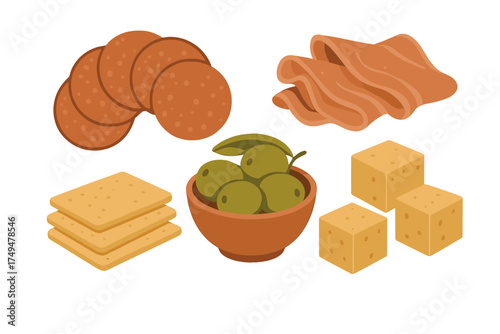 Classic charcuterie board snacks assortment featuring salami, ham, cheese, crackers, and olives