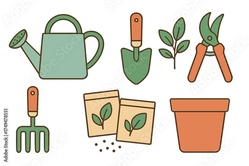 Essential gardening tools and supplies set for planting and cultivation activities