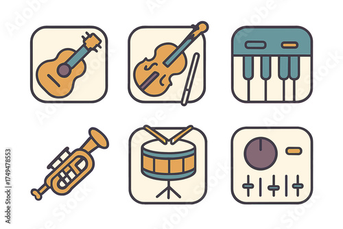 Set of colorful rounded icons depicting musical instruments and audio mixing controls