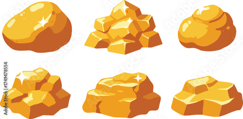 Cartoon Bright Golden Nugget Pile with Shine Illustration Asset