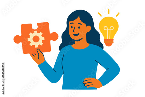 Creative woman holding a mechanism puzzle piece with a bright idea lightbulb