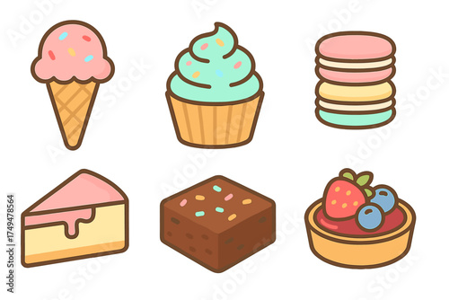Colorful collection of sweet treats featuring ice cream, cupcake, macaron, cheesecake, brownie, and berry tart