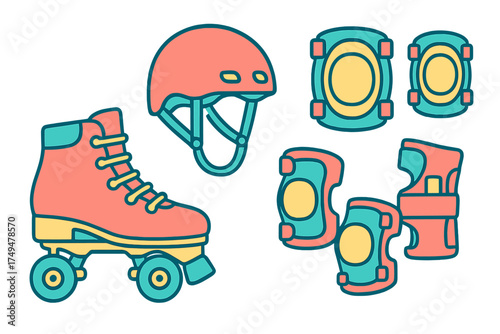 Colorful protective gear set for roller skating including quad skate, helmet, and pads