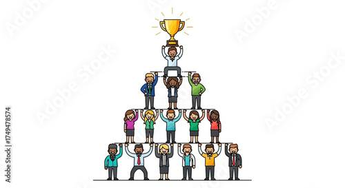 Teamwork pyramid of people holding each other up with a trophy on top.
