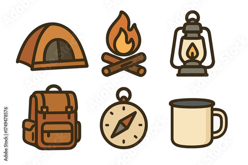 Essential camping and hiking equipment set featuring tent campfire lantern backpack compass and mug
