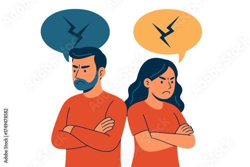 Upset man and woman standing back to back with arms crossed symbolizing relationship conflict