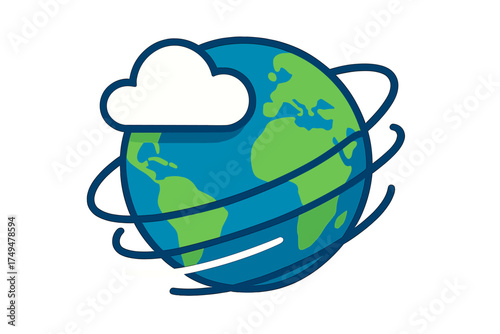 Planet Earth with swirling lines and a cloud representing global weather and climate monitoring systems
