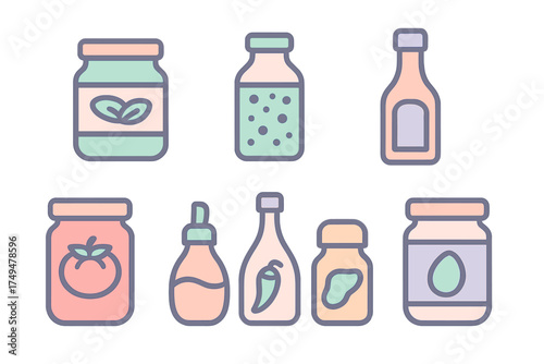 Colorful set of food jars and condiment bottles with simple ingredients and pastel outlines