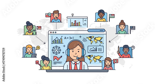 Illustration of a woman teaching online with students from around the world.