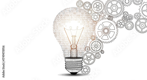 Light bulb with gears, symbolizing ideas, innovation, and mechanical processes.
