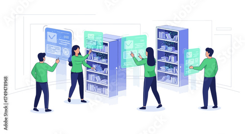 People interacting with digital interfaces in a library setting, managing books and information.