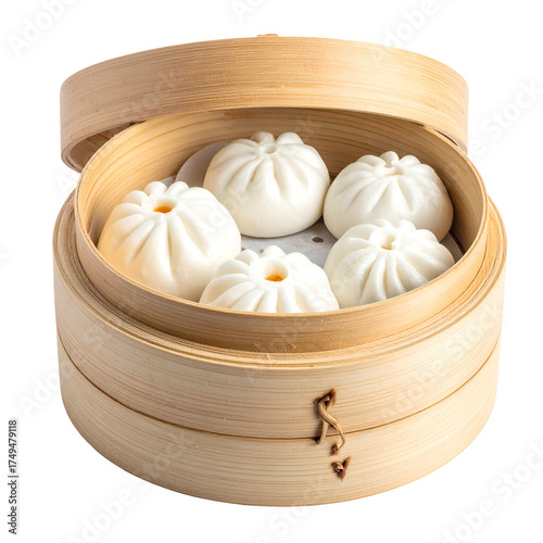 Dumplings in bamboo steamer, five visible, soft white buns, some visible paper