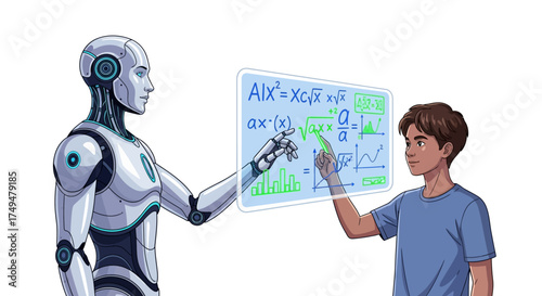 A robot and a boy interact with a transparent screen displaying mathematical formulas and graphs.