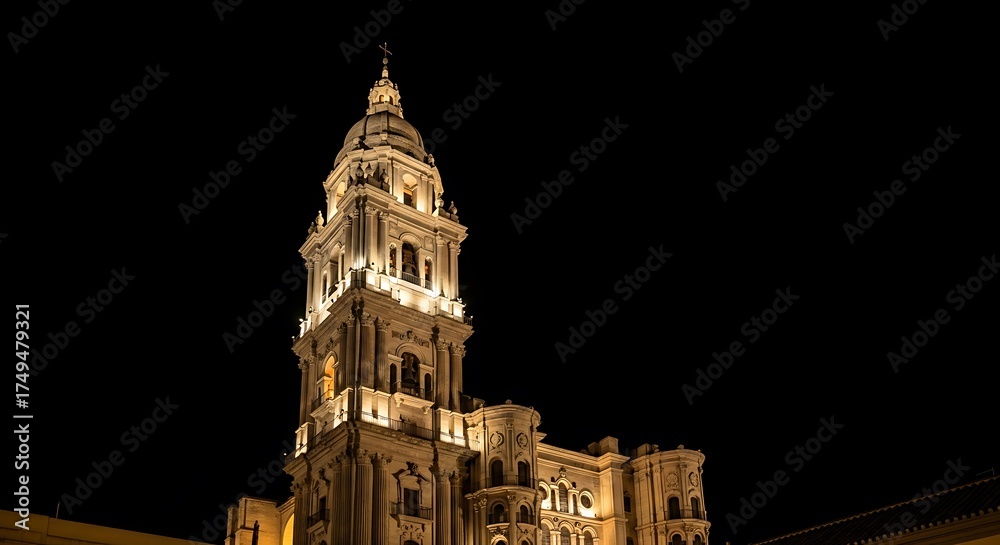 Obraz premium Illuminated M?laga Cathedral Tower at Night - A Majestic Architectural Marvel.