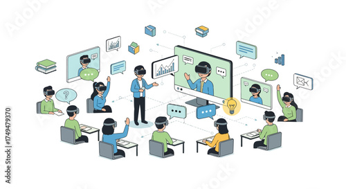 Virtual reality classroom with students wearing VR headsets and teacher giving a lesson.