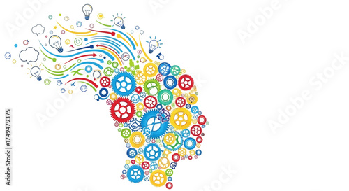 Colorful head silhouette filled with gears and lightbulbs, representing ideas and innovation.
