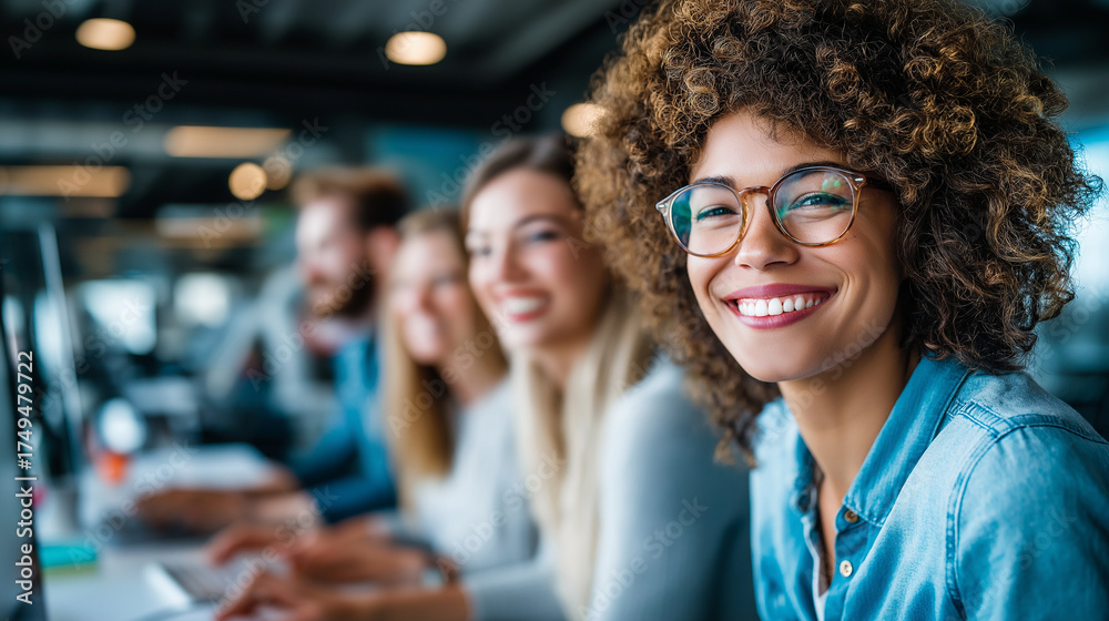 Obraz premium Team working together in modern office, collaboration and creativity, smiling colleagues, teamwork success, professional connection, diversity and inclusion, productivity and trust