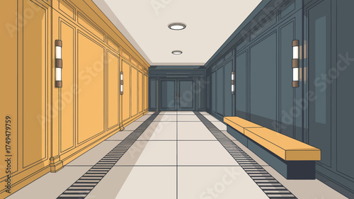A hallway with yellow and blue paneled walls, recessed lights, and a bench along the right side wall