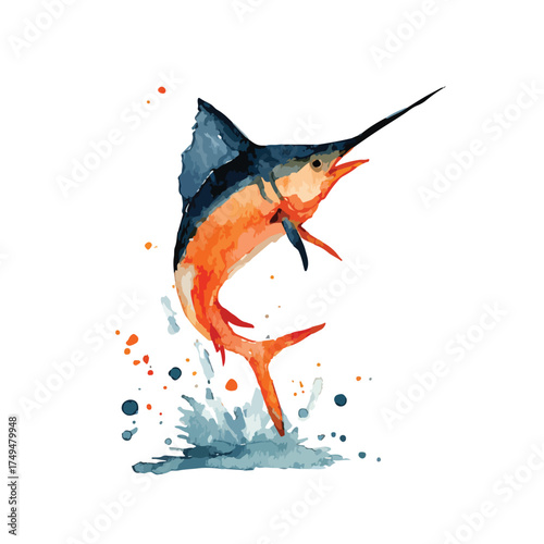 Dynamic Watercolor Marlin Jumping Out of Water Illustration.