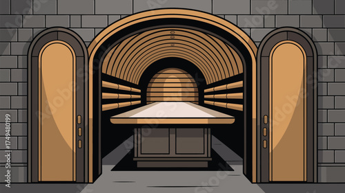 Illustration of a tomb with an arched doorway, a sarcophagus, and stone walls in a cartoon style