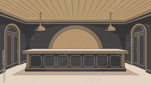 A stylized drawing of an interior room with a bar two doors and two hanging lamps in a gold and black color scheme