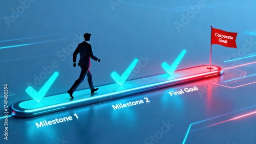 Business success and goal achievement steps Concept. Corporate progress towards achieving goals with milestones illustrated.