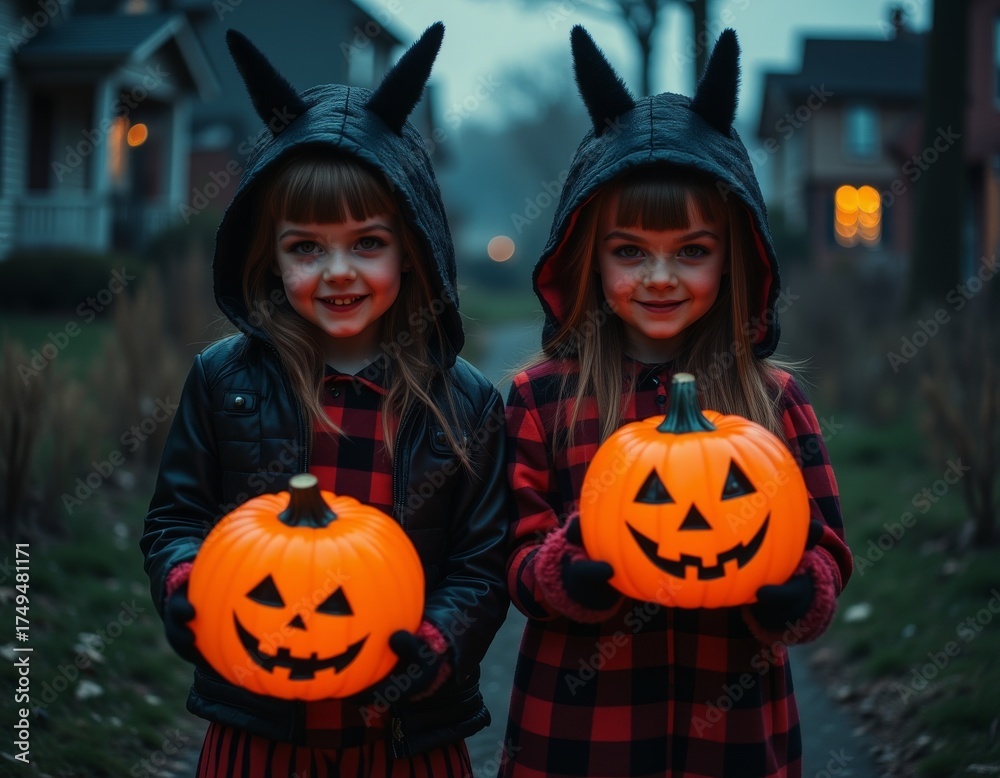 Fototapeta premium Identical twin girls trick or treating on halloween halloween costumes costume illustration holiday cartoon party zombie