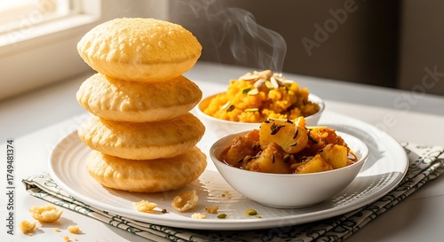 Puri Bhaji with Halwa and Aloo Sabzi Traditional Indian Breakfast Feast Crispy Fried Bread Potato Curry Sweet Semolina Pudding Delightful Morning Meal