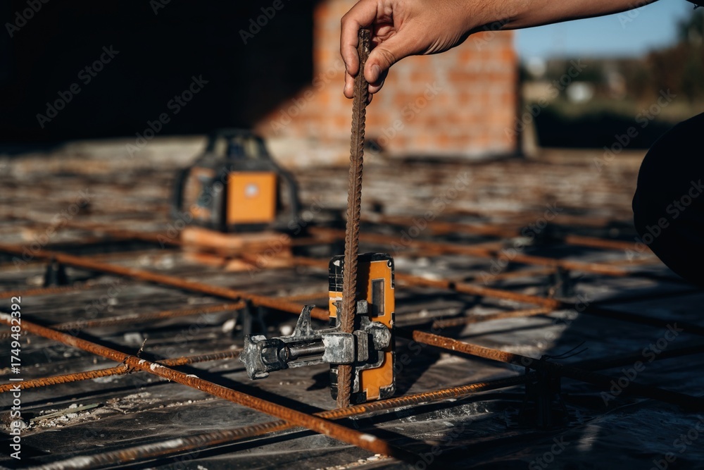 © standret - On metal rods. Close up view of man's hand that is using leveling tool on the floor, construction site © standret - On metal rods. Close up view of man's hand that is using leveling tool on the floor, construction site