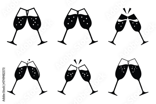 Champagne glasses toast minimal flat vector icon set. black color and white background.