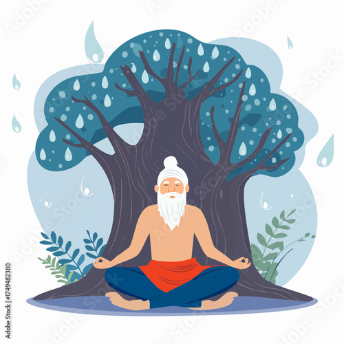man meditating under large tree during rain