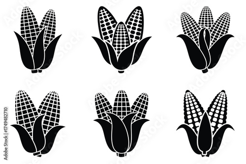 Corn ears minimal flat vector icon set. black color and white background.