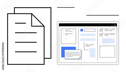 Papers beside a tablet screen displaying a digital workspace, forms, and task lists. Ideal for workflow organization, productivity, online collaboration, office management, remote work, team