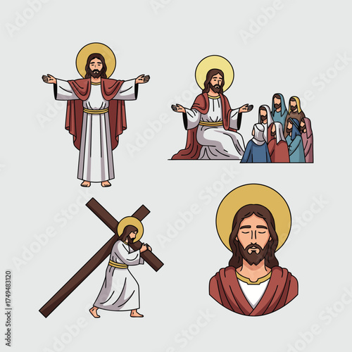 Biblical Figures in Various Scenes Illustration of Jesus Christ and Other Figures Related to the Bible