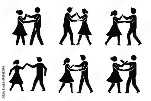 Dancing couple minimal flat vector icon set. black color and white background.